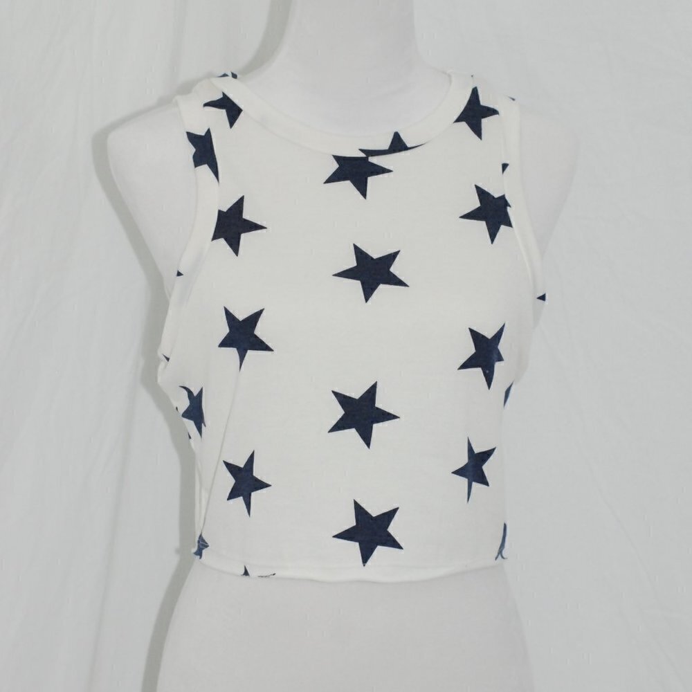 GeeGee Womens Medium White Crop Top Blue Stars Distressed 17” EUC USA America